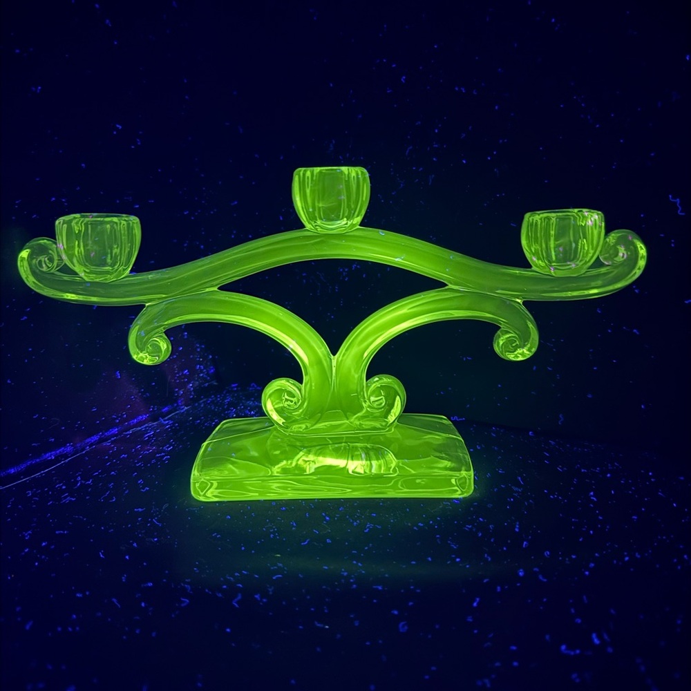 UV Reactive Viking Glass New Martinsville Triple Taper Candelabra Candle Holder